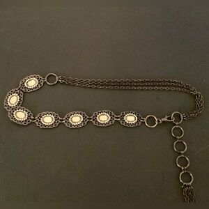 Nine West metal chain belt with Golden Topaz crystal embellishment.